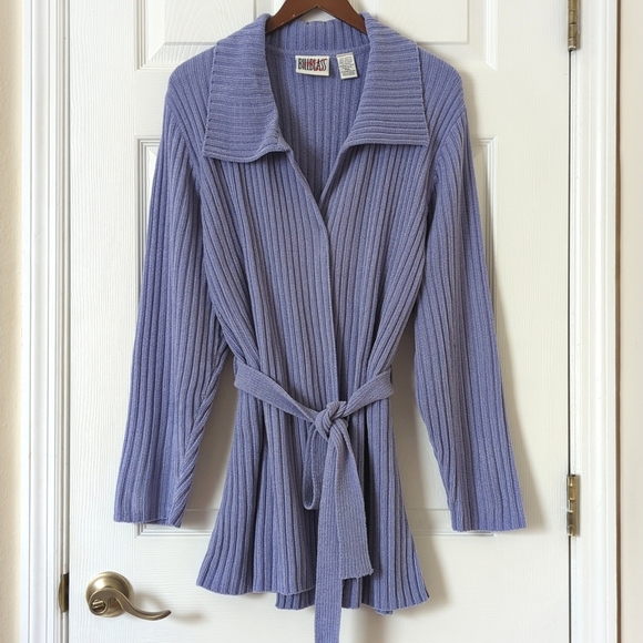 Bill Blass 90's Vintage Chenille Ribbed Knit Belted Cardigan Sweater Purple XLP - Picture 1 of 12